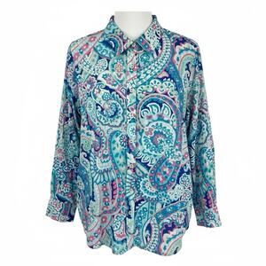 Talbots Plus 2X Long Sleeve Button Up Shirt Bold Floral Preppy Resort Coastal
